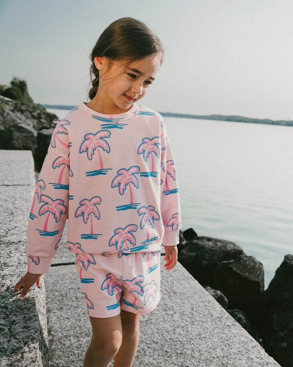 French Terry Sweatshirt Light Pink Palm Print - H30G30_3H112
