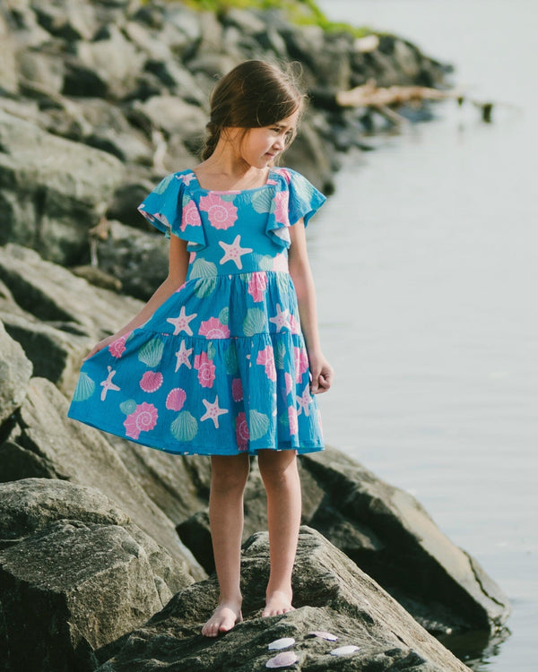 Crinkle Jersey Dress Blue Shell Print - Deux par Deux Crinkle Jersey Dress Blue Shell Print - Deux par Deux