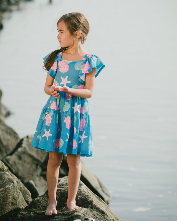 Crinkle Jersey Dress Blue Shell Print - Deux par Deux Crinkle Jersey Dress Blue Shell Print - Deux par Deux