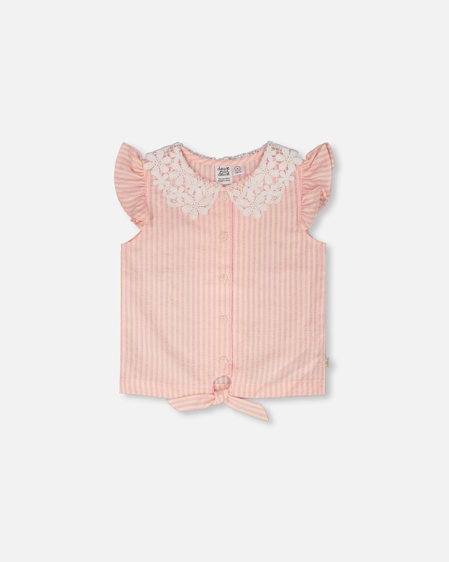 Sleeveless Shirt Pink And Yellow Stripes With Crochet Collar Tees & Tops Deux par Deux 