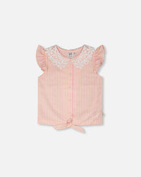 Sleeveless Shirt Pink And Yellow Stripes With Crochet Collar Tees & Tops Deux par Deux 