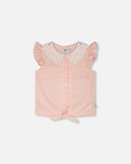 Sleeveless Shirt Pink And Yellow Stripes With Crochet Collar Tees & Tops Deux par Deux 