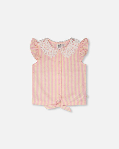 Sleeveless Shirt Pink And Yellow Stripes With Crochet Collar Tees & Tops Deux par Deux 