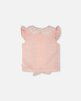 Sleeveless Shirt Pink And Yellow Stripes With Crochet Collar Tees & Tops Deux par Deux 