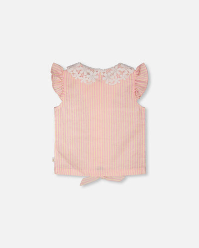 Sleeveless Shirt Pink And Yellow Stripes With Crochet Collar Tees & Tops Deux par Deux 