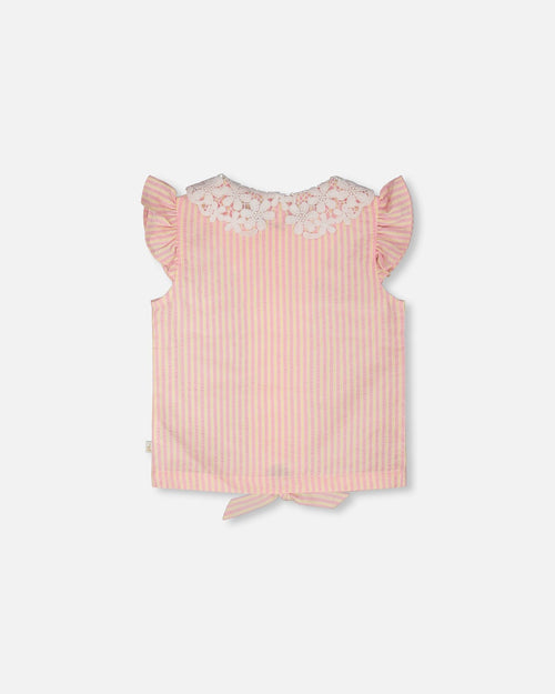 Sleeveless Shirt Pink And Yellow Stripes With Crochet Collar Tees & Tops Deux par Deux 