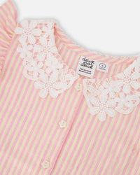 Sleeveless Shirt Pink And Yellow Stripes With Crochet Collar Tees & Tops Deux par Deux 