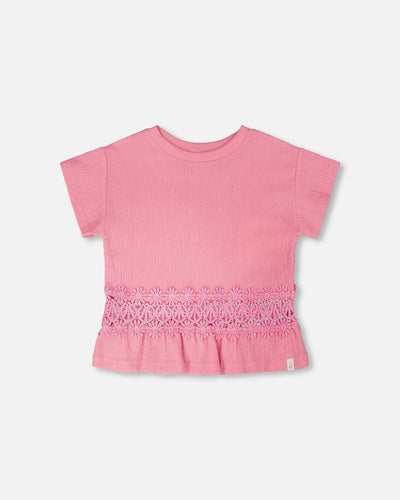 Crinkle Jersey Long T-Shirt With Crochet Insert Pink - H30I71_06240