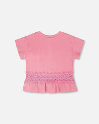 Crinkle Jersey Long T-Shirt With Crochet Insert Pink - H30I71_06240