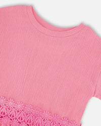 Crinkle Jersey Long T-Shirt With Crochet Insert Pink - H30I71_06240