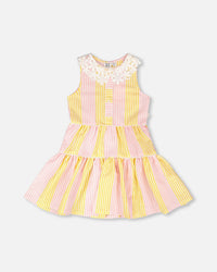 Sleeveless Dress With Crochet Peter Pan Collar Pink And Yellow Stripes - H30I85A_3H137
