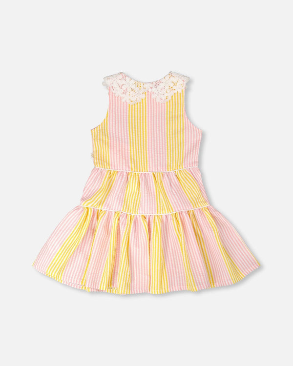 Sleeveless Dress With Crochet Peter Pan Collar Pink And Yellow Stripes - H30I85A_3H137