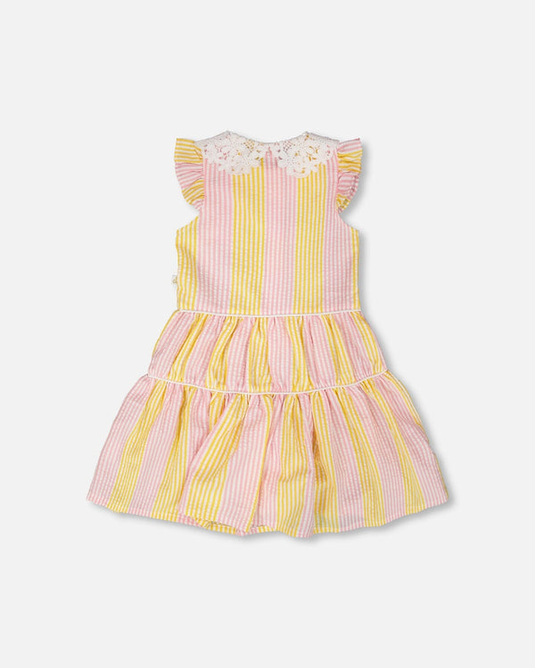 Sleeveless Dress With Crochet Peter Pan Collar Pink And Yellow Stripes - H30I85_3H137