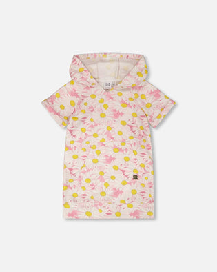 French Terry Hooded Dress Pink Printed Daisies - H30I86_3H136