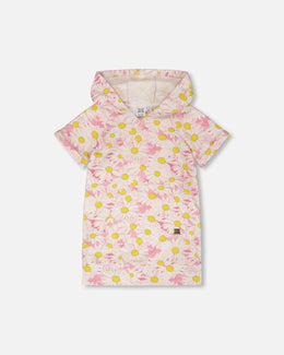 French Terry Hooded Dress Pink Printed Daisies - H30I86_3H136