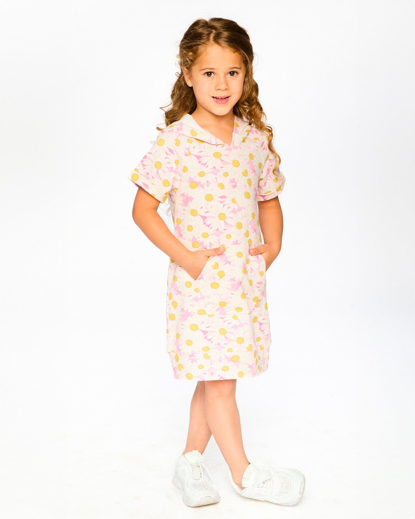 French Terry Hooded Dress Pink Printed Daisies - H30I86_3H136