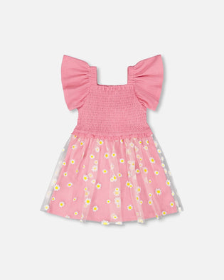Mesh And Crinkle Jersey Dress With Smocking Pink - H30I87_06240