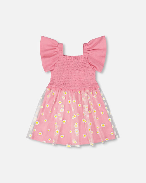 Mesh And Crinkle Jersey Dress With Smocking Pink - H30I87_06240