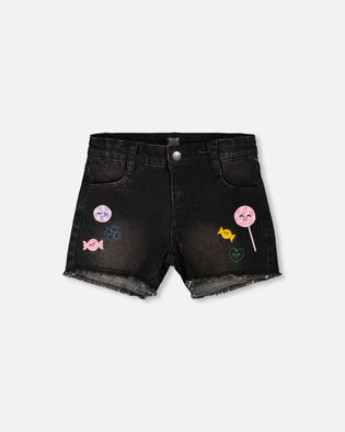 Black Denim Shorts With Embroidery - H30J26_01240
