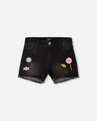Black Denim Shorts With Embroidery - H30J26_01240