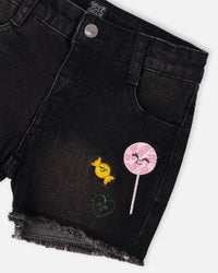 Black Denim Shorts With Embroidery - H30J26_01240