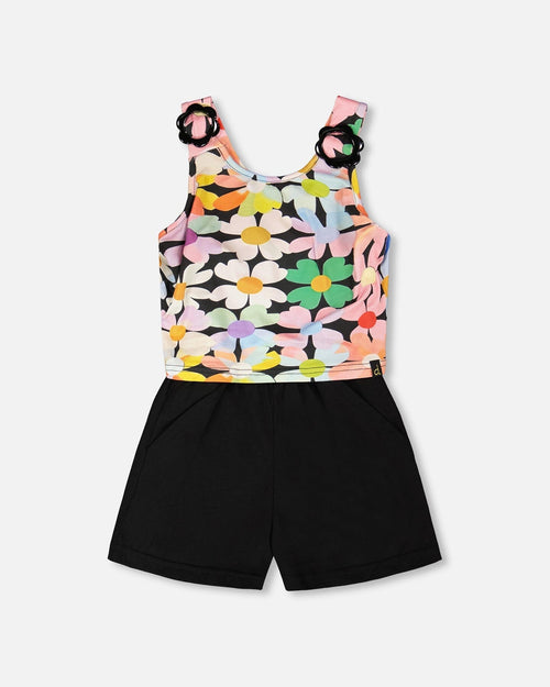 Sleeveless Jersey Jumpsuit Black Printed Flowers - H30J40_3H130