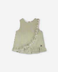 Top Green & Off White Stripes With Embroidered Ruffle - H30K15_3H127
