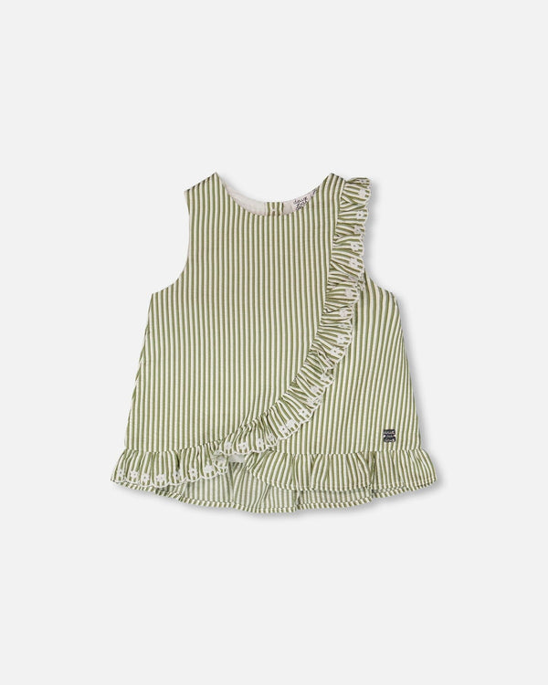 Top Green & Off White Stripes With Embroidered Ruffle - H30K15_3H127