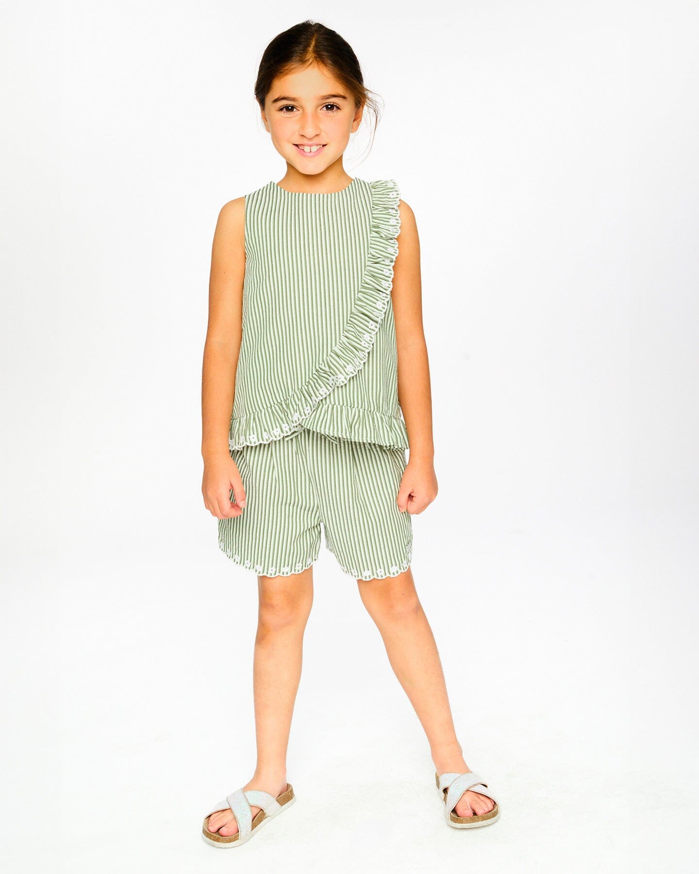 Top Green & Off White Stripes With Embroidered Ruffle - H30K15_3H127