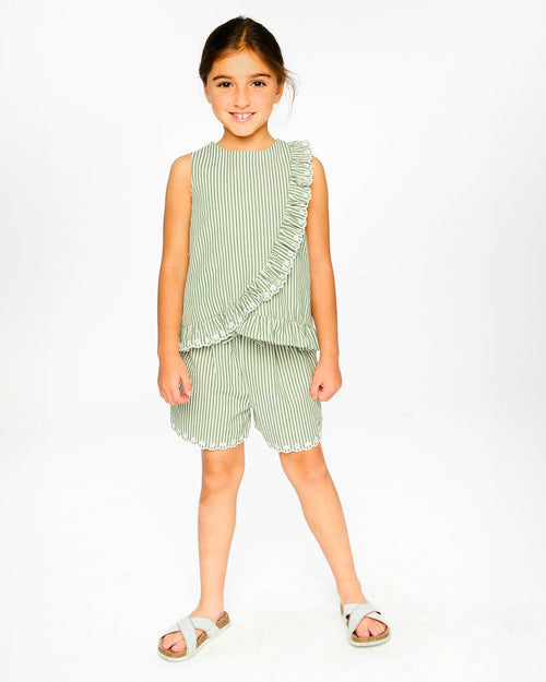 Top Green & Off White Stripes With Embroidered Ruffle - H30K15_3H127