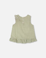 Top Green & Off White Stripes With Embroidered Ruffle - H30K15_3H127