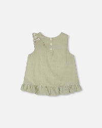 Top Green & Off White Stripes With Embroidered Ruffle - H30K15_3H127