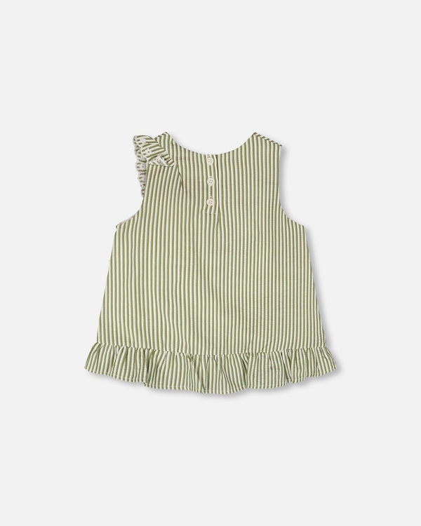Top Green & Off White Stripes With Embroidered Ruffle - H30K15_3H127