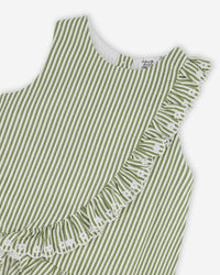 Top Green & Off White Stripes With Embroidered Ruffle - H30K15_3H127