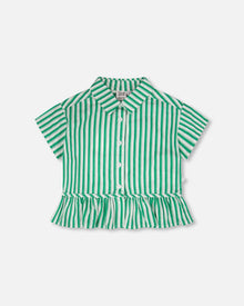 Short Sleeve Striped Button Down Shirt Green - H30L15_3H141