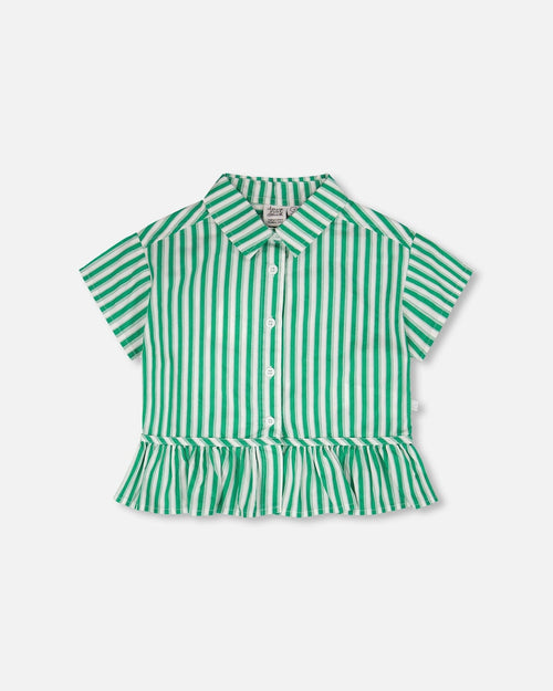 Short Sleeve Striped Button Down Shirt Green - H30L15_3H141