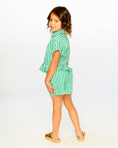 Short Sleeve Striped Button Down Shirt Green - H30L15_3H141
