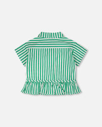 Short Sleeve Striped Button Down Shirt Green - H30L15_3H141