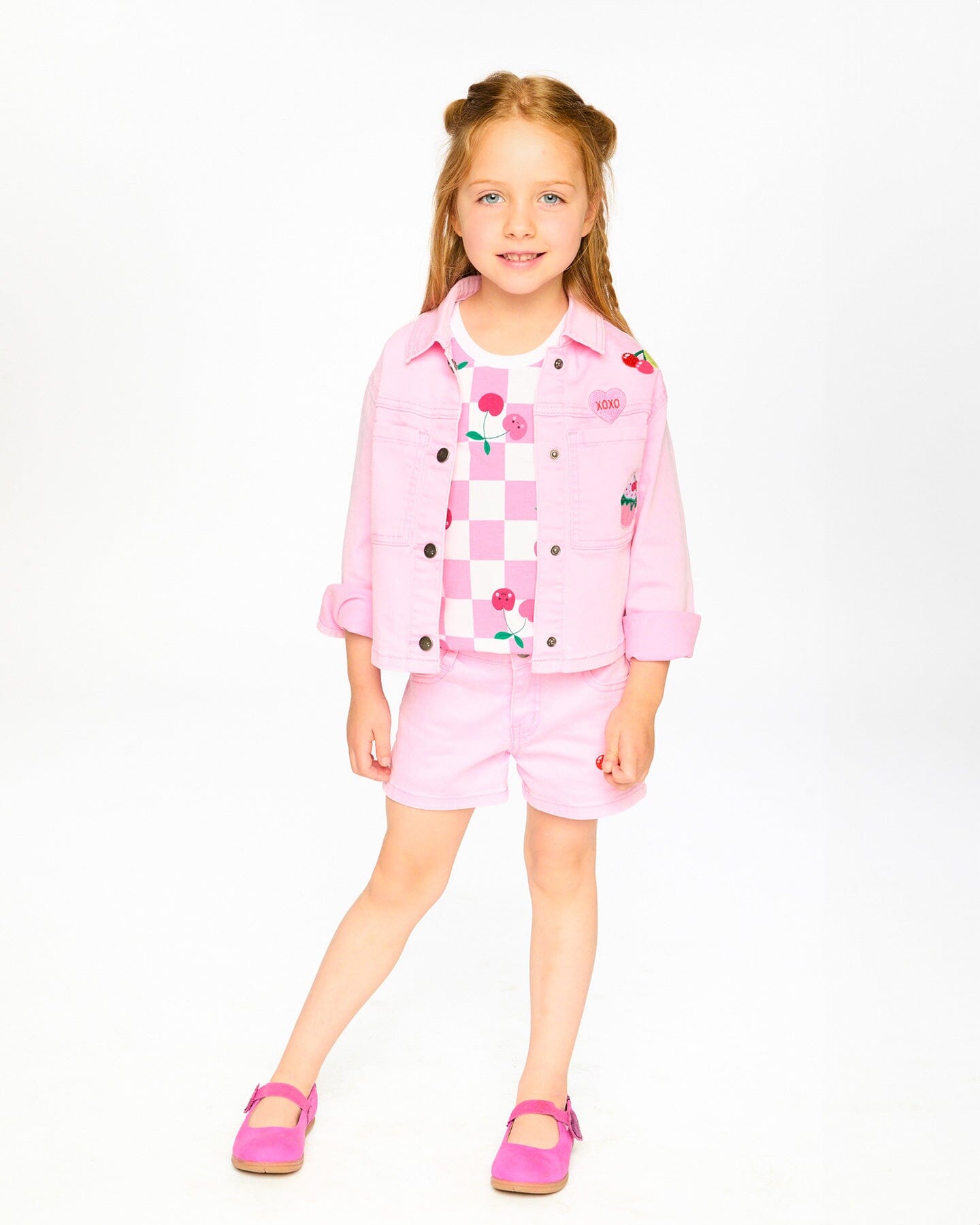 Pink Denim Jacket With Embroidered Patches - H30L50_06050