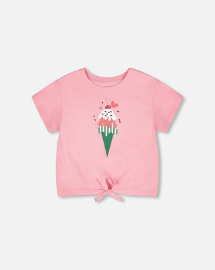 Organic Cotton Jersey T-Shirt With Tie At Waist Pink - H30L70_06050