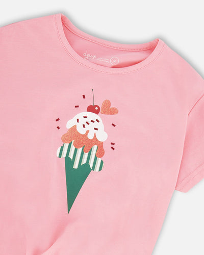 Organic Cotton Jersey T-Shirt With Tie At Waist Pink - H30L70_06050