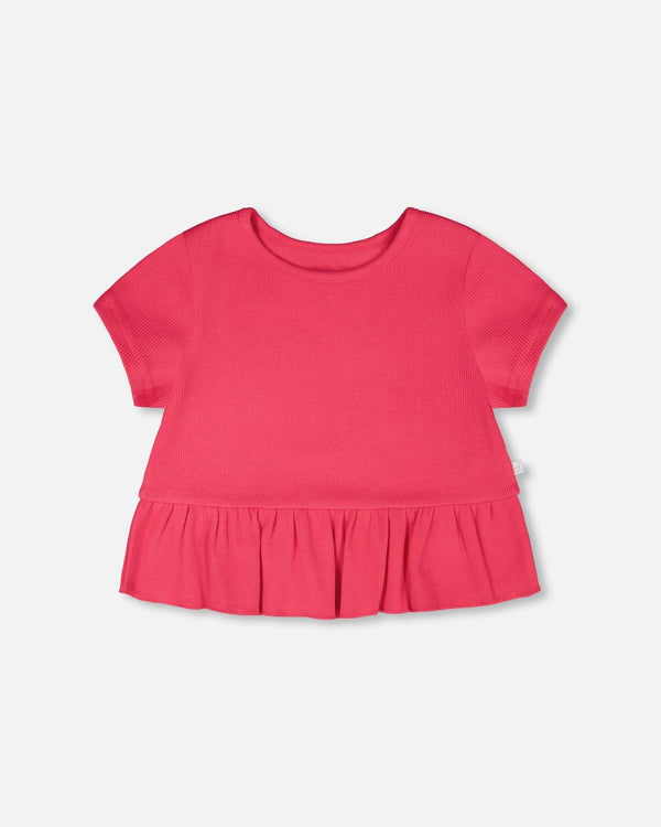 Rib Crop T-Shirt With Frill Pink - H30L71_06002