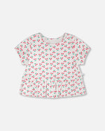 Rib Crop T-Shirt With Frill White Printed Cheeries - H30L71_3H142