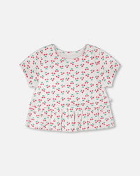 Rib Crop T-Shirt With Frill White Printed Cheeries - H30L71_3H142