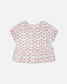 Rib Crop T-Shirt With Frill White Printed Cheeries - H30L71_3H142