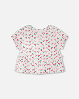 Rib Crop T-Shirt With Frill White Printed Cheeries - H30L71_3H142