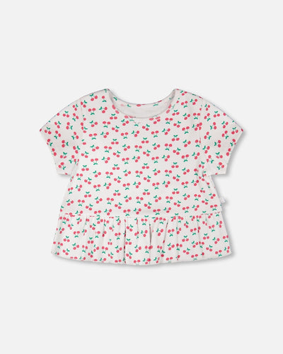 Rib Crop T-Shirt With Frill White Printed Cheeries - H30L71_3H142