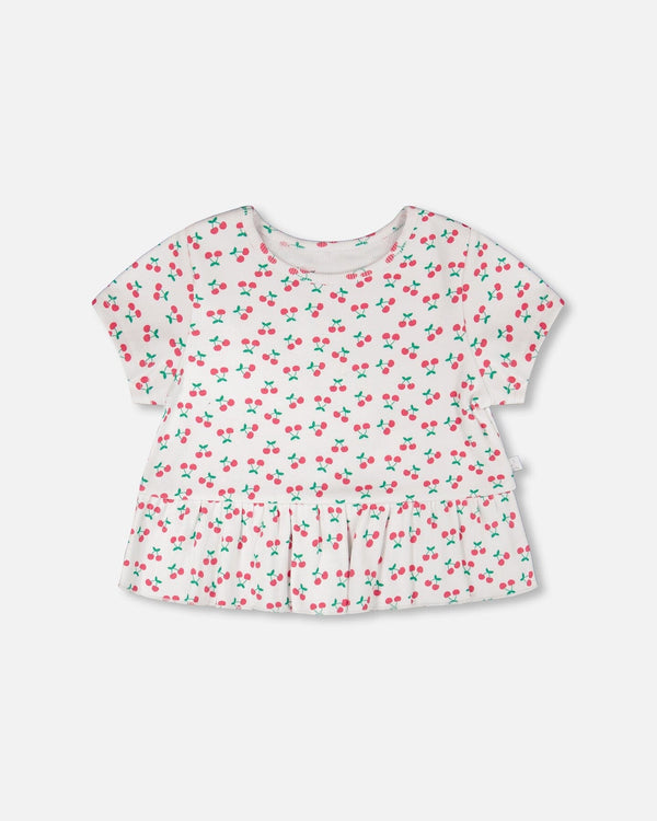 Rib Crop T-Shirt With Frill White Printed Cheeries - H30L71_3H142