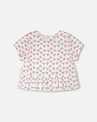 Rib Crop T-Shirt With Frill White Printed Cheeries - H30L71_3H142