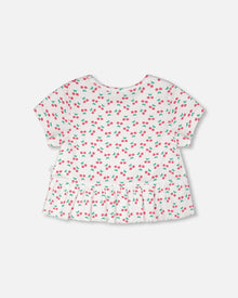 Rib Crop T-Shirt With Frill White Printed Cheeries - H30L71_3H142